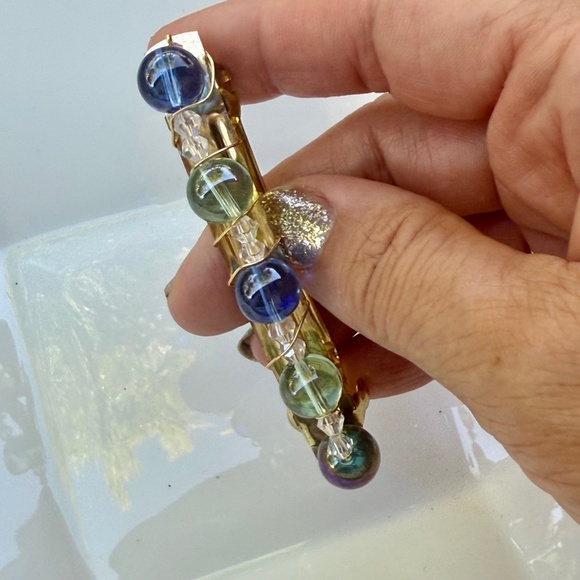 Hand Crafted Blue & Green Round Bead & Clear Crystals Gold Tone Hair Clip - Picture 2 of 7